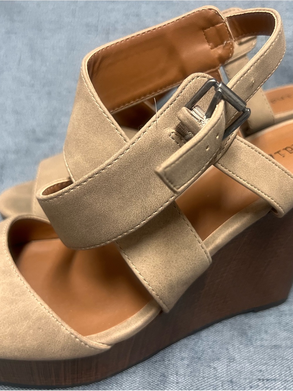 Indigo Beige Suede Wedge Sandals with Buckle Strap